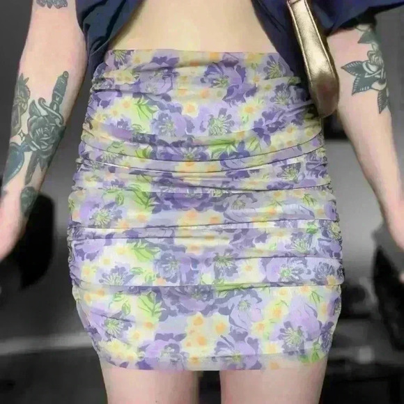 Nasty Gal Dresses & Skirts - Lilac floral‎ graphic print mini skirt Nasty Gal mesh  ruched side high waisted
